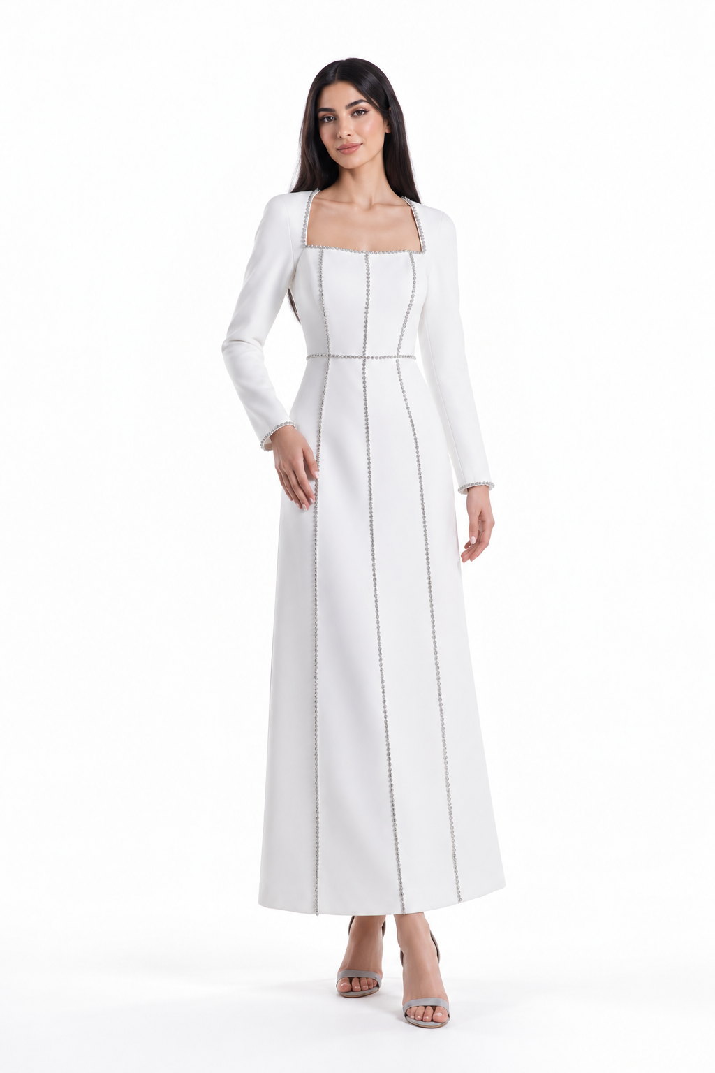 Square-neck long-sleeve midi dress with contrast trim – Elara