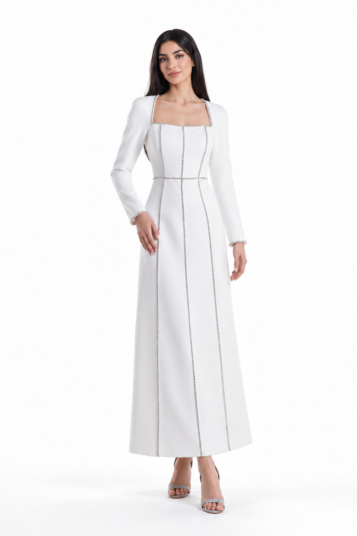 Square-neck long-sleeve midi dress with contrast trim – Elara