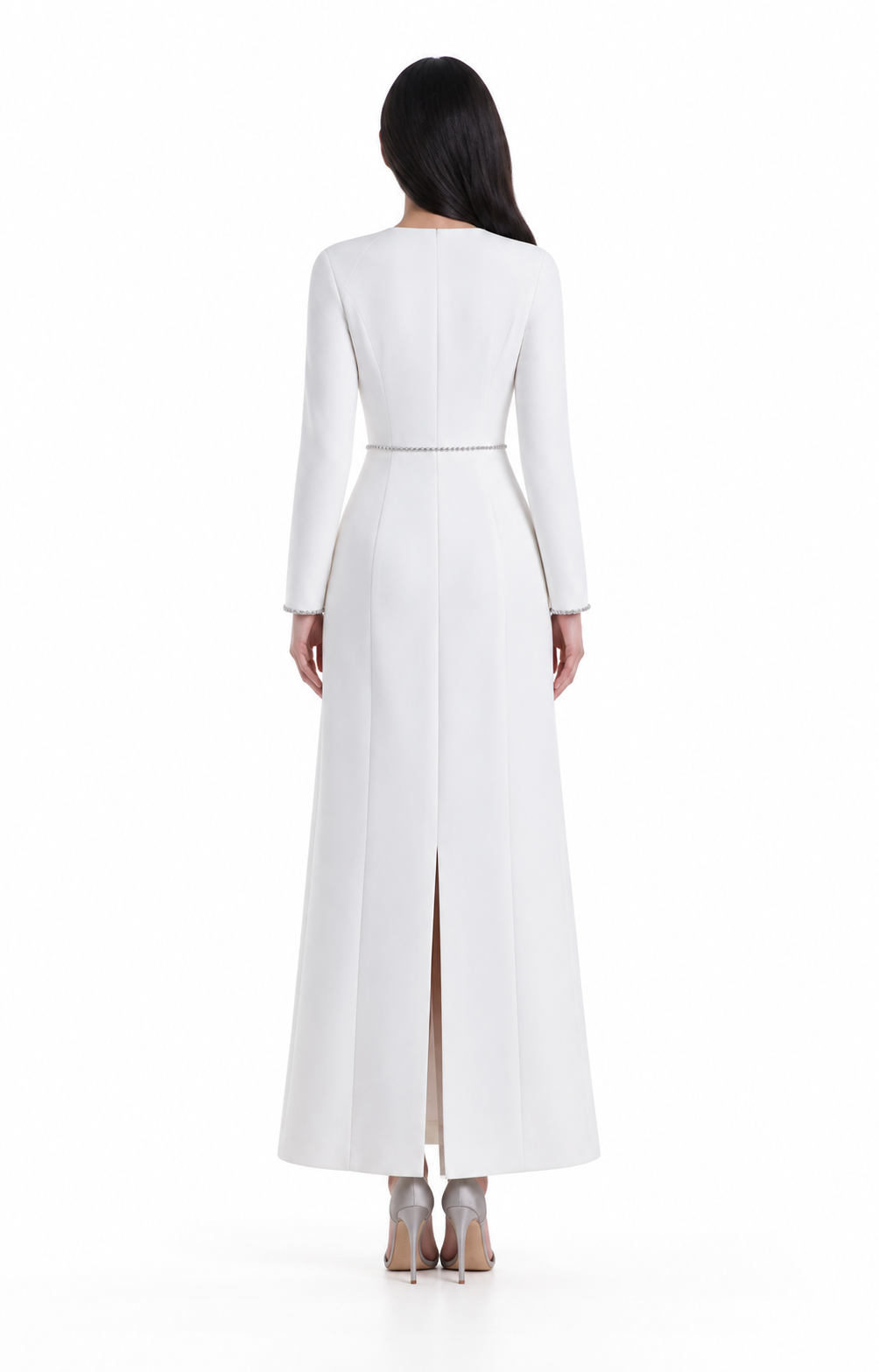 Square-neck long-sleeve midi dress with contrast trim – Elara