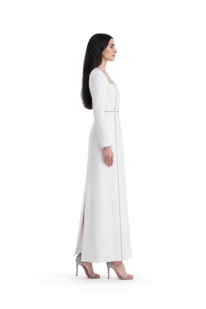 Square-neck long-sleeve midi dress with contrast trim – Elara
