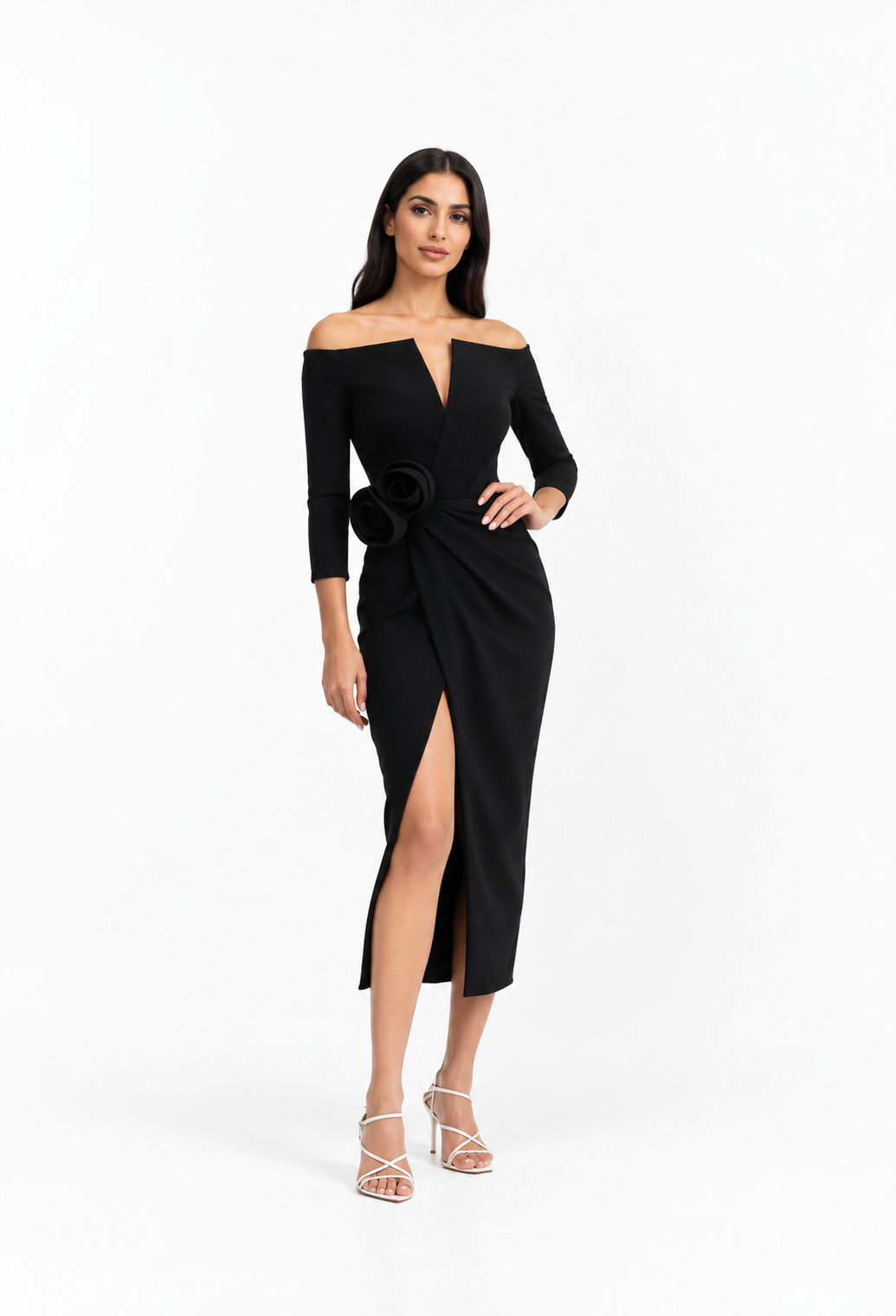 Off-shoulder draped midi dress with floral detail and front slit – Evelina