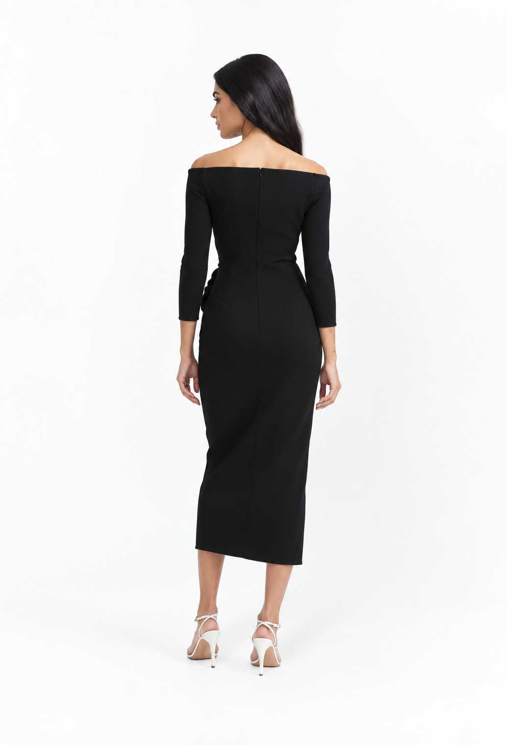 Off-shoulder draped midi dress with floral detail and front slit – Evelina
