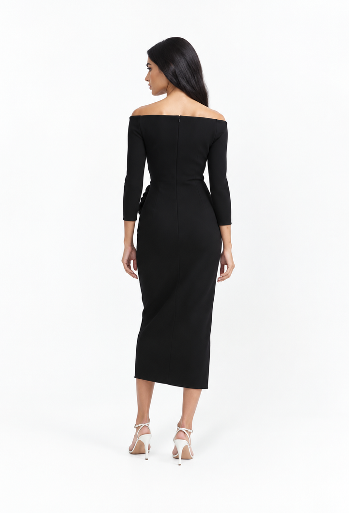 Off-shoulder draped midi dress with floral detail and front slit – Evelina