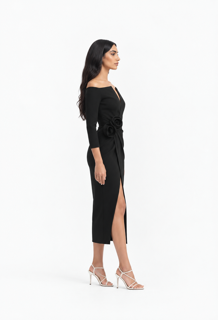 Off-shoulder draped midi dress with floral detail and front slit – Evelina