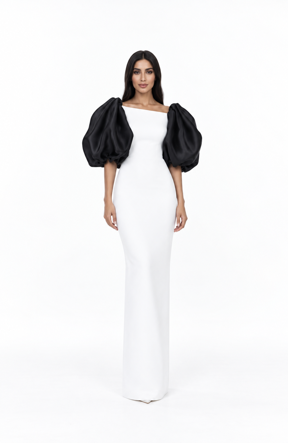 Contrast puff-sleeve floor-length gown with asymmetric neckline – Amara