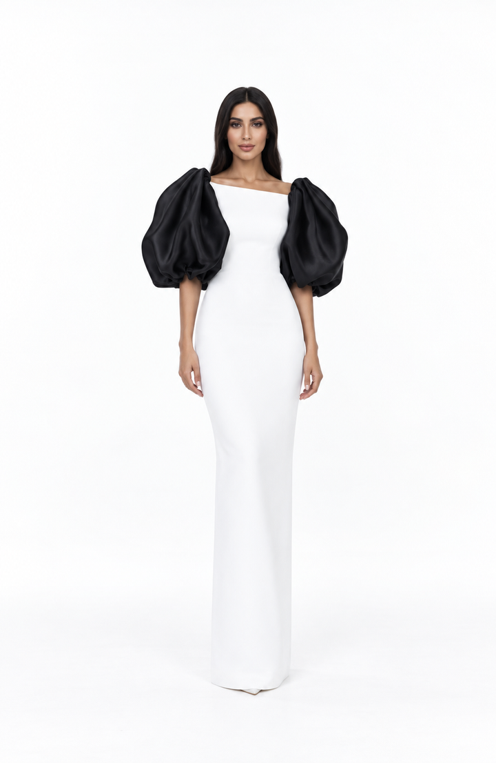 Contrast puff-sleeve floor-length gown with asymmetric neckline – Amara