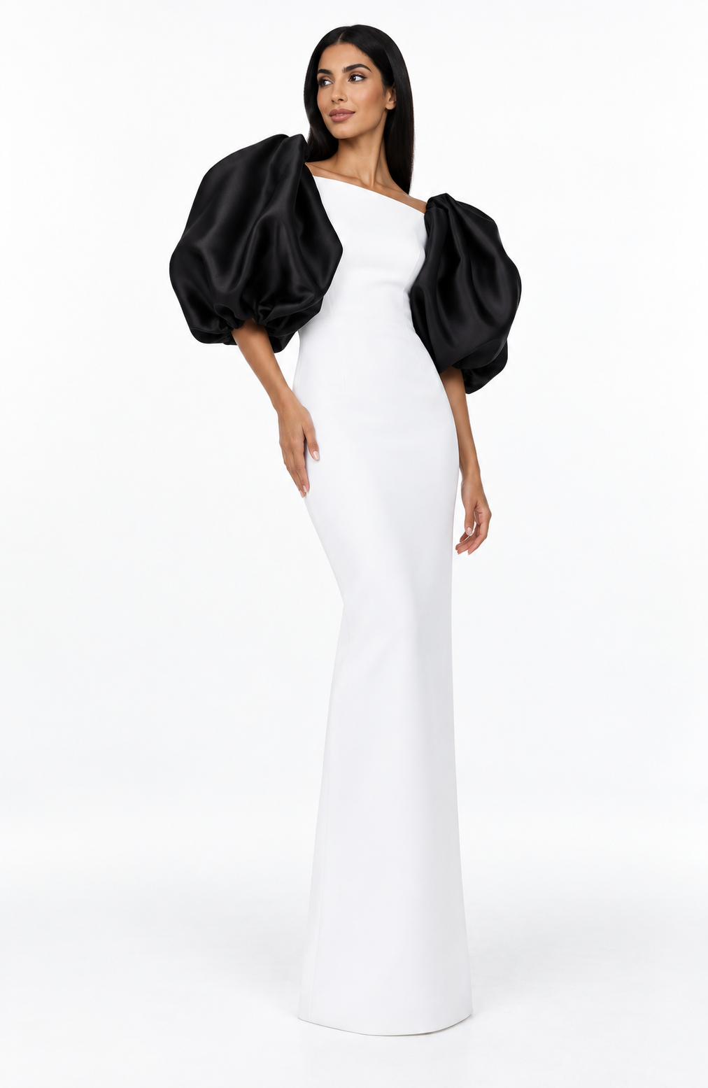 Contrast puff-sleeve floor-length gown with asymmetric neckline – Amara