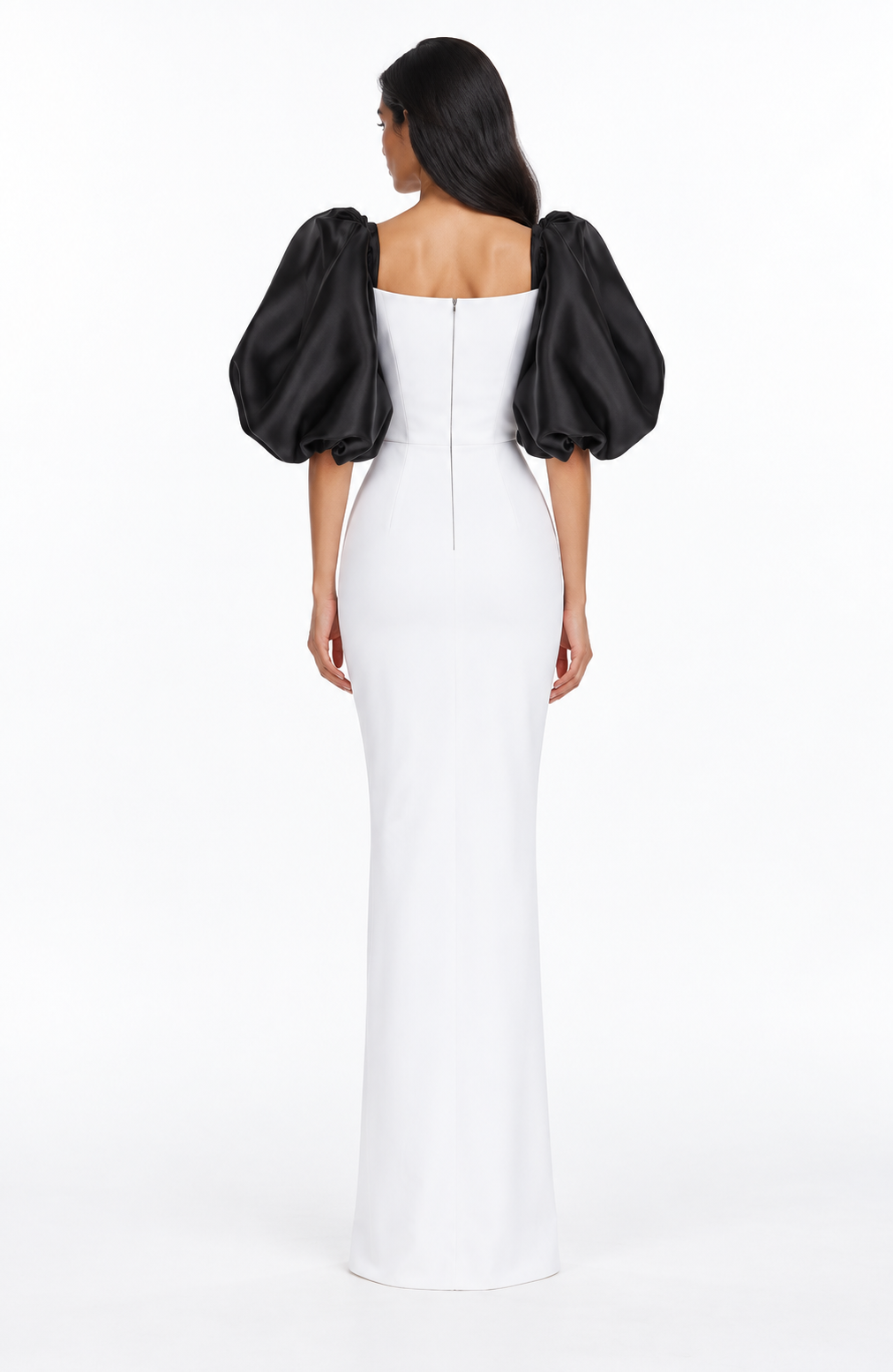 Contrast puff-sleeve floor-length gown with asymmetric neckline – Amara