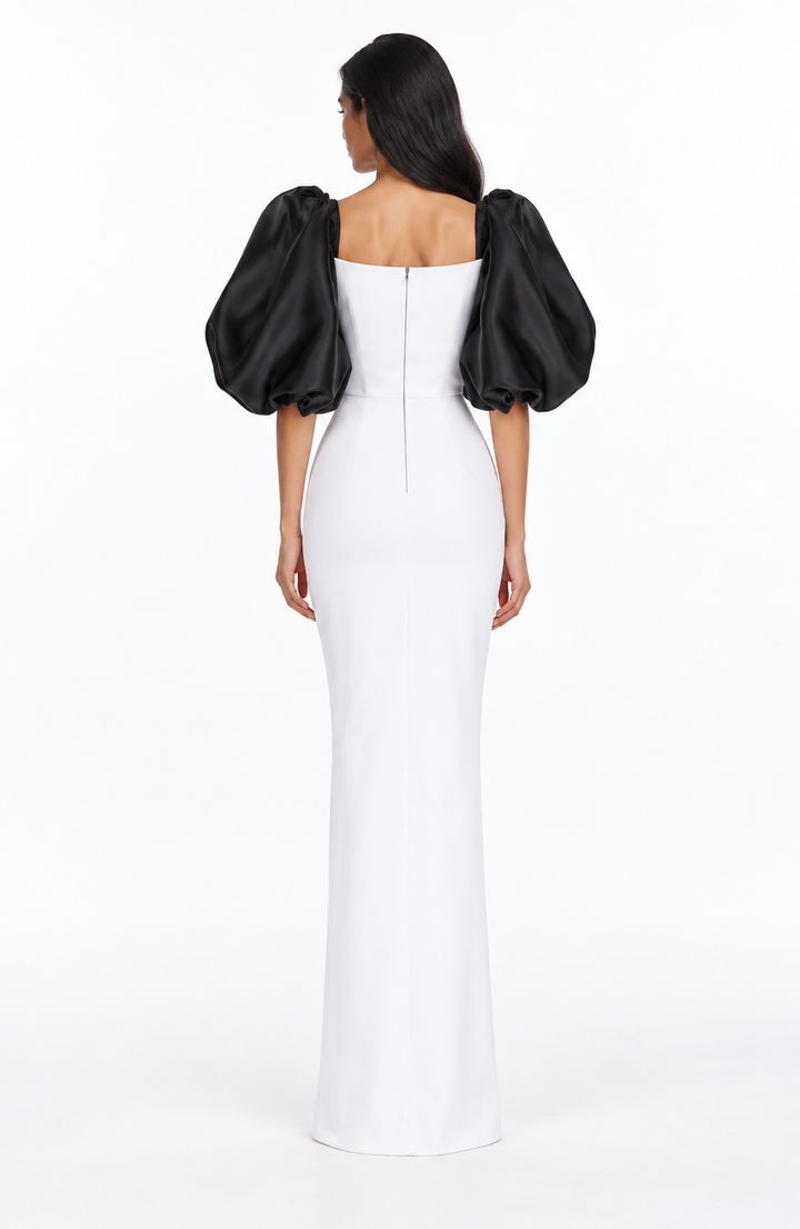 Contrast puff-sleeve floor-length gown with asymmetric neckline – Amara