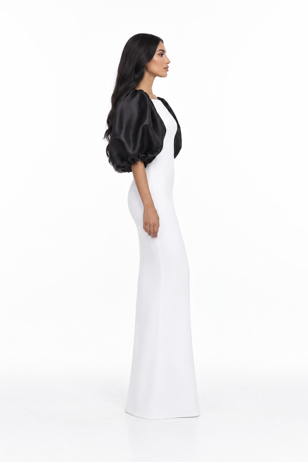 Contrast puff-sleeve floor-length gown with asymmetric neckline – Amara