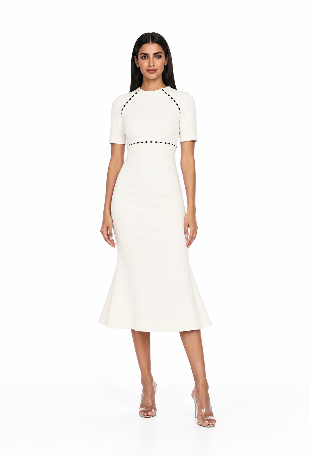 Contrast-trim fit-and-flare midi dress with short sleeves – Alessa