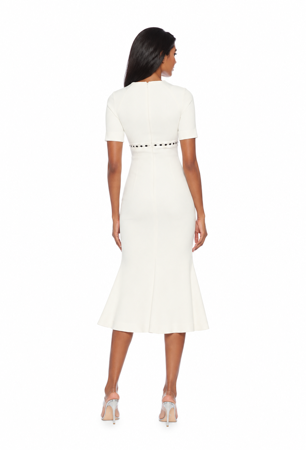 Contrast-trim fit-and-flare midi dress with short sleeves – Alessa