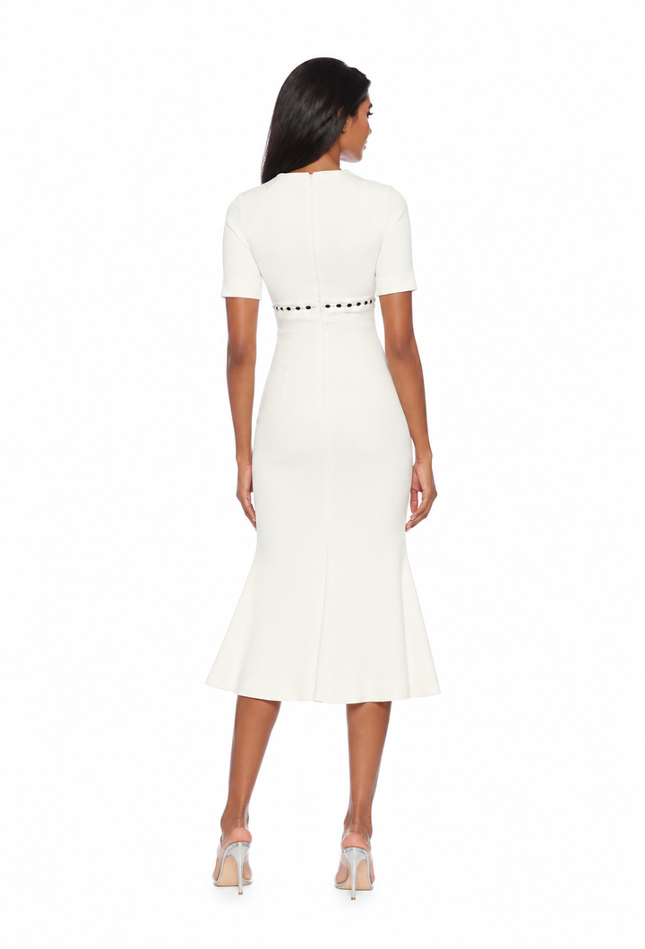 Contrast-trim fit-and-flare midi dress with short sleeves – Alessa