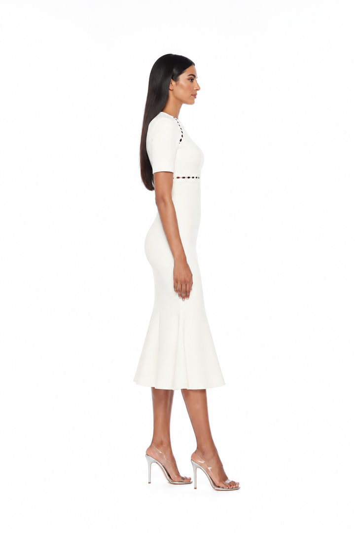 Contrast-trim fit-and-flare midi dress with short sleeves – Alessa