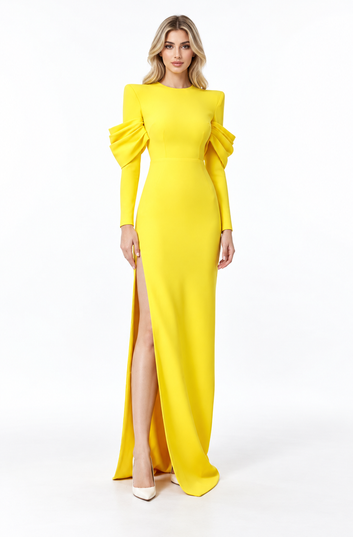 Bow-detail long-sleeve floor-length gown with side slit – Solara