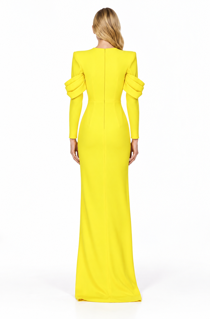 Bow-detail long-sleeve floor-length gown with side slit – Solara