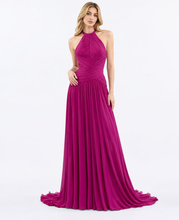 Halter-neck ruched floor-length gown with draped waist – Seraphina