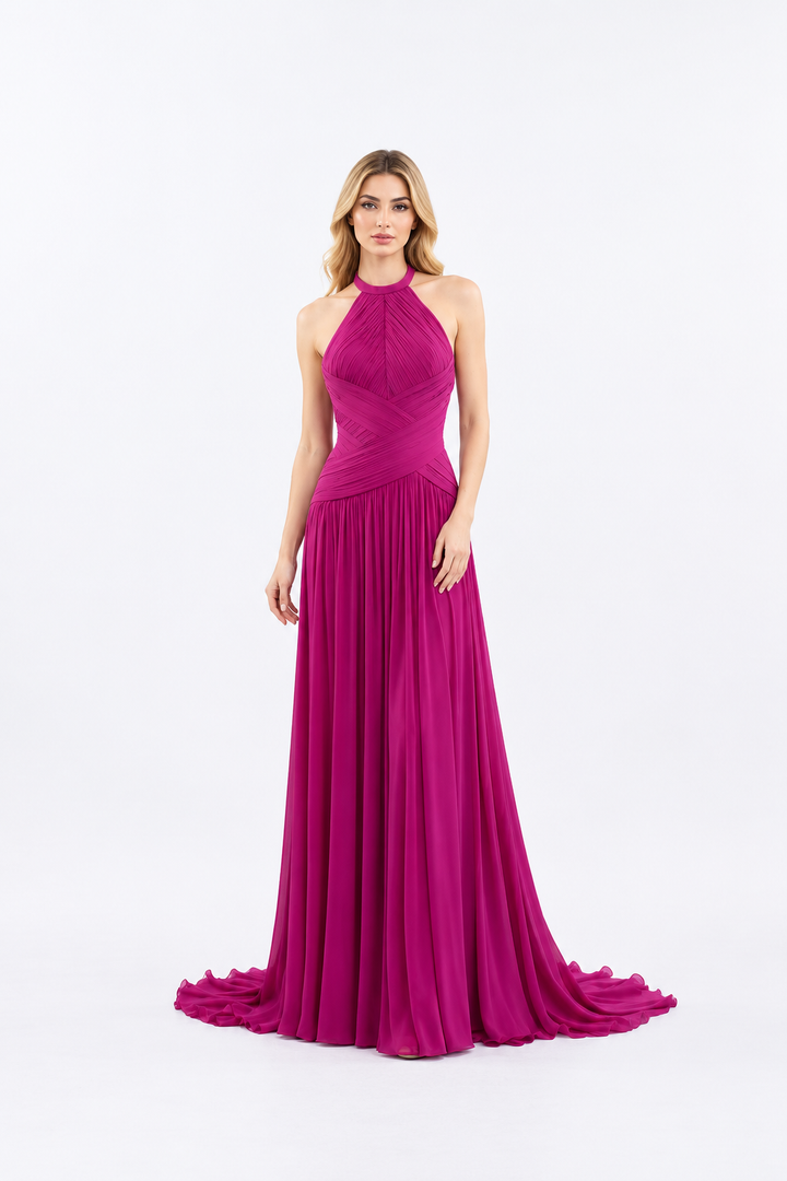 Halter-neck ruched floor-length gown with draped waist – Seraphina