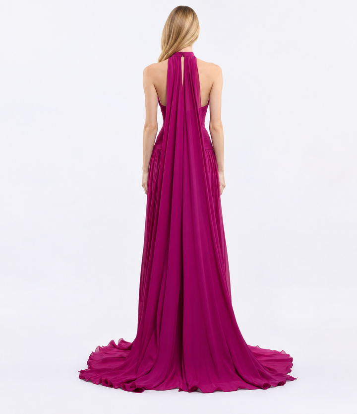 Halter-neck ruched floor-length gown with draped waist – Seraphina