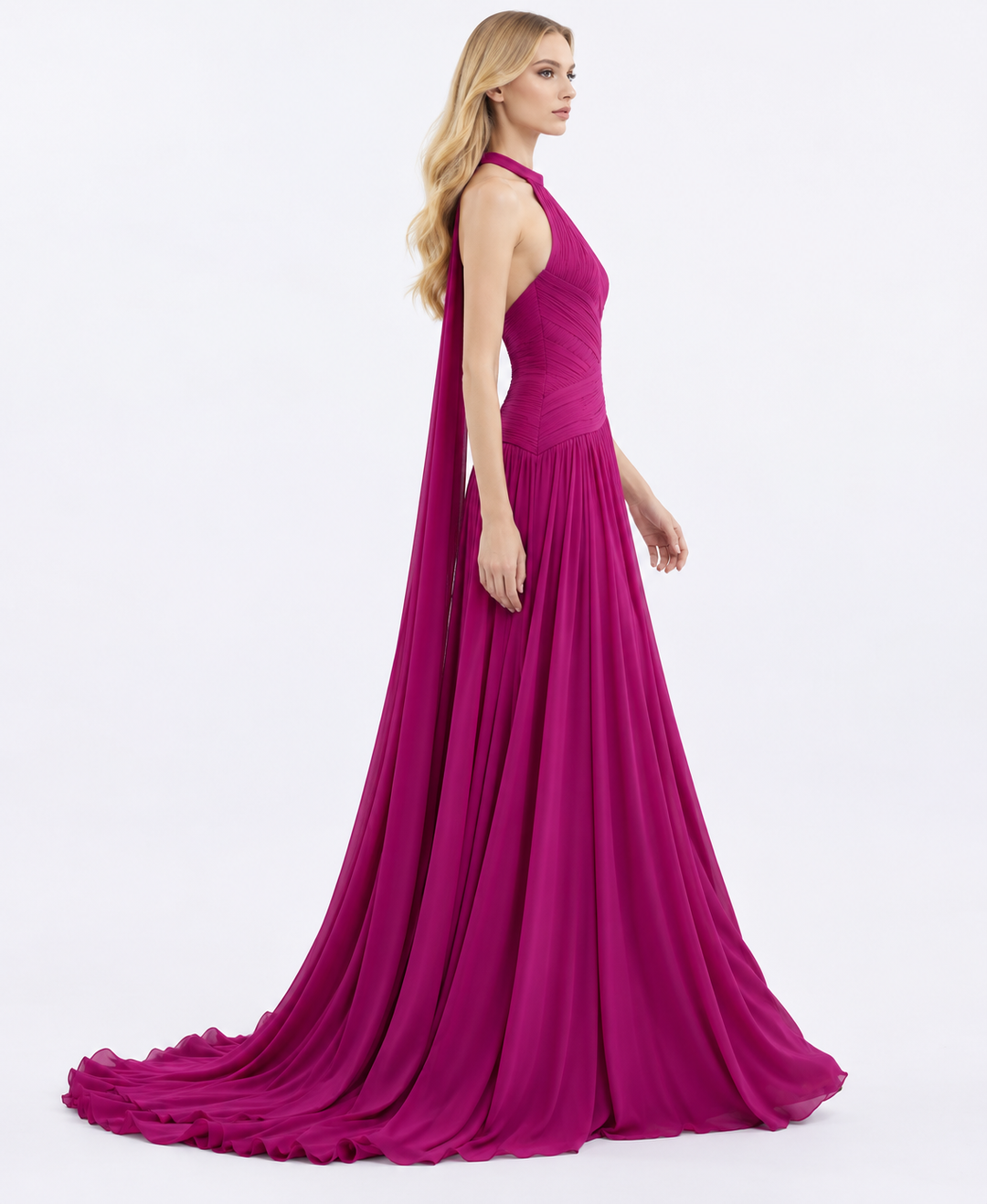 Halter-neck ruched floor-length gown with draped waist – Seraphina