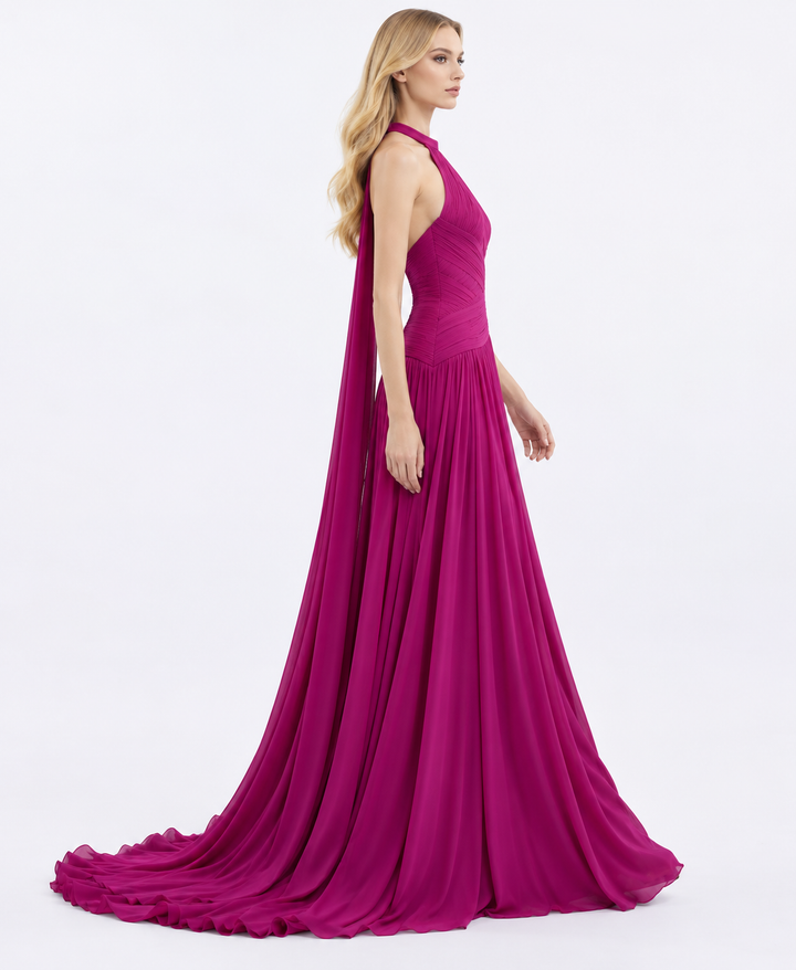 Halter-neck ruched floor-length gown with draped waist – Seraphina