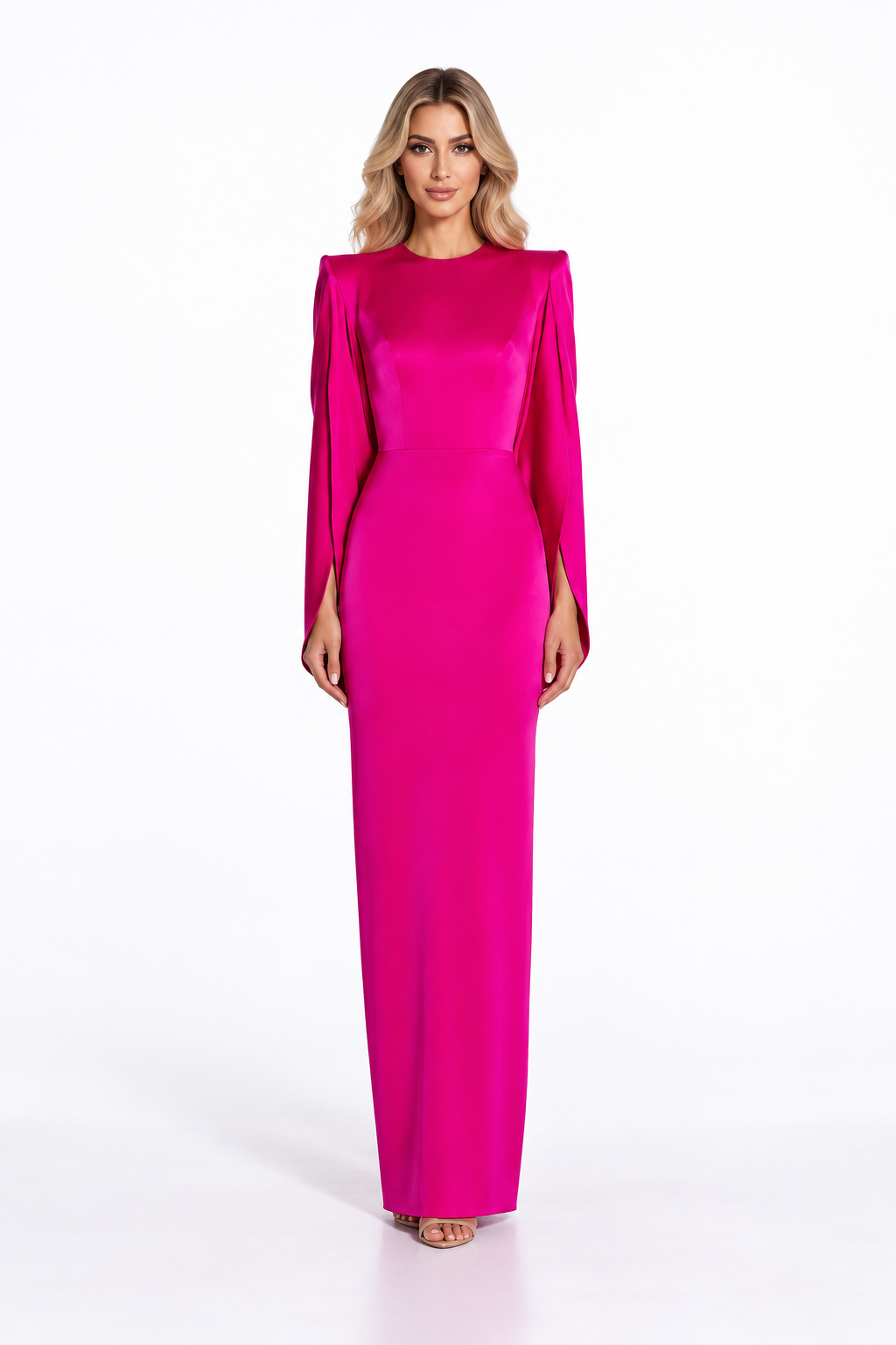 Cape-sleeve fitted floor-length gown with structured shoulders – Celestia