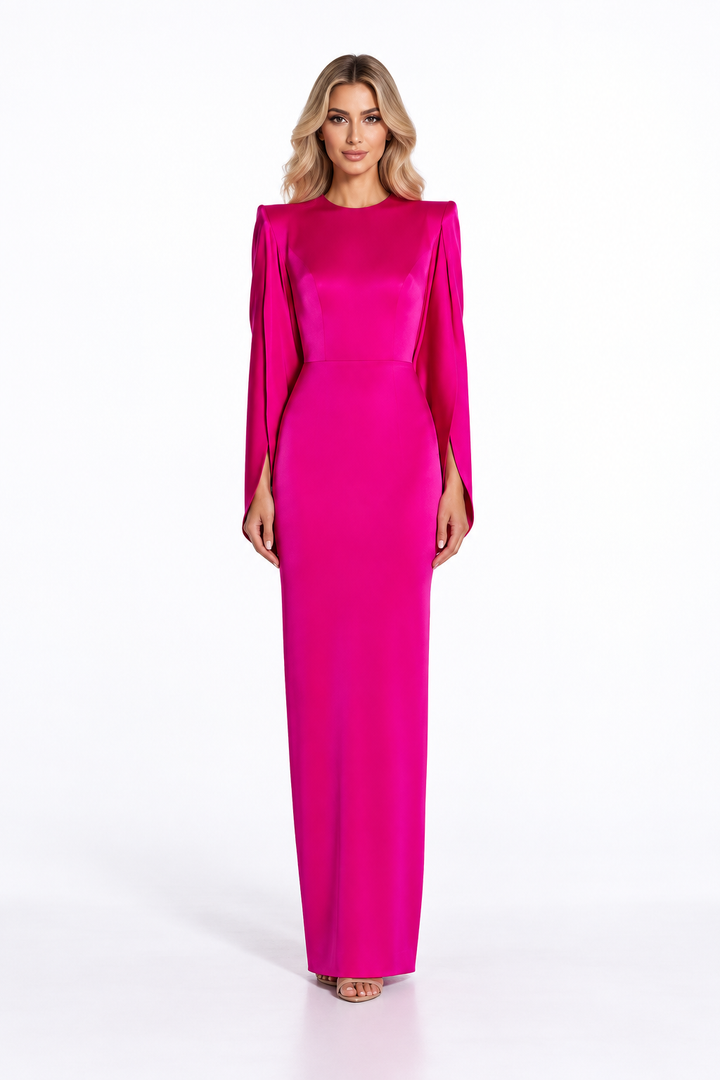 Cape-sleeve fitted floor-length gown with structured shoulders – Celestia