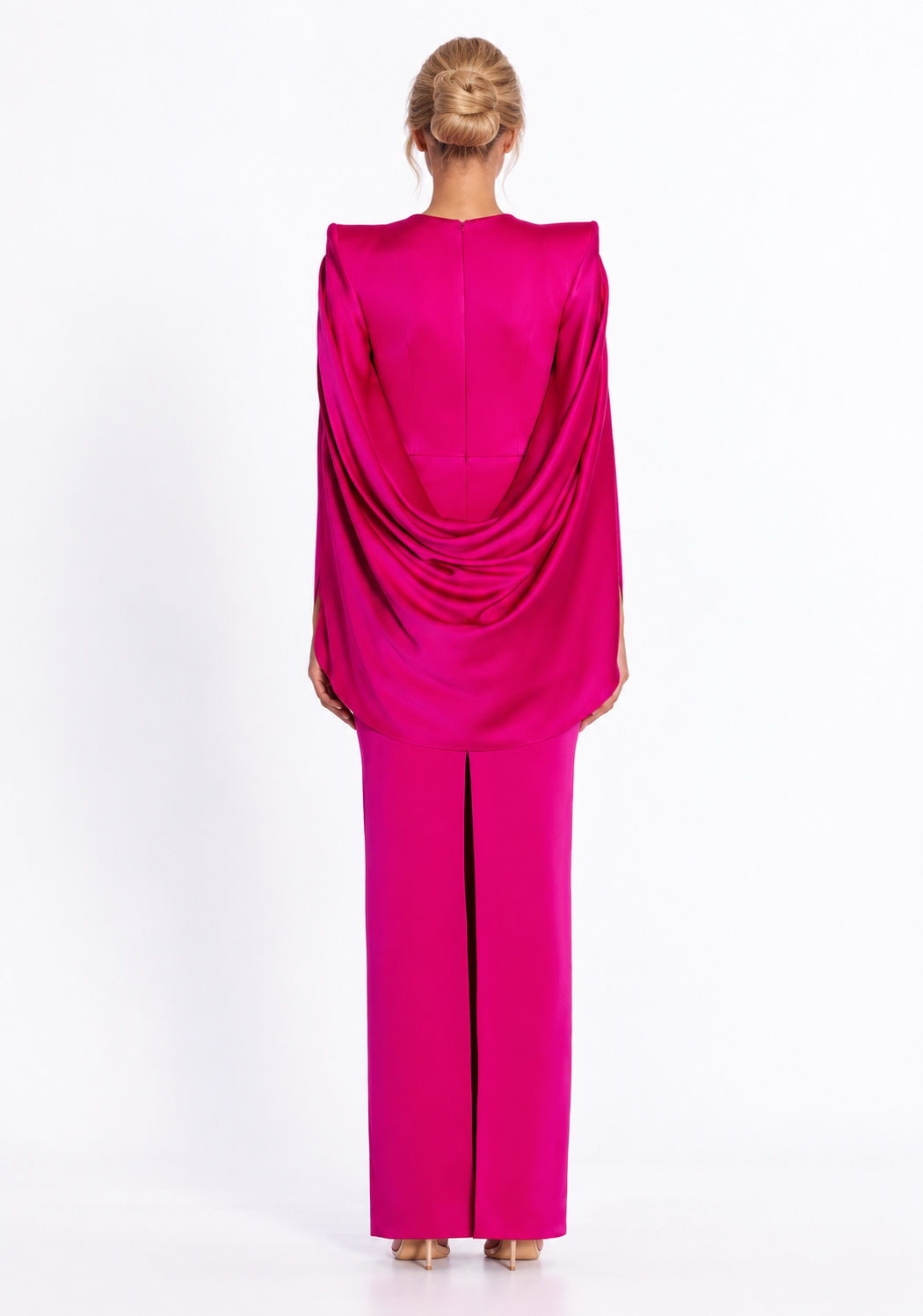 Cape-sleeve fitted floor-length gown with structured shoulders – Celestia