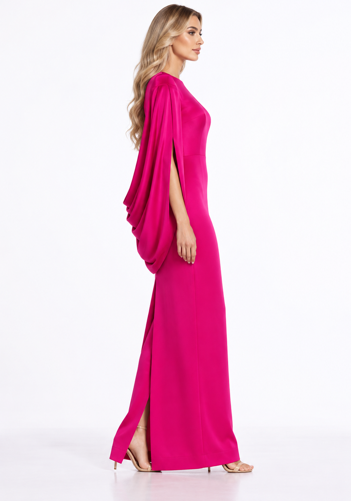 Cape-sleeve fitted floor-length gown with structured shoulders – Celestia