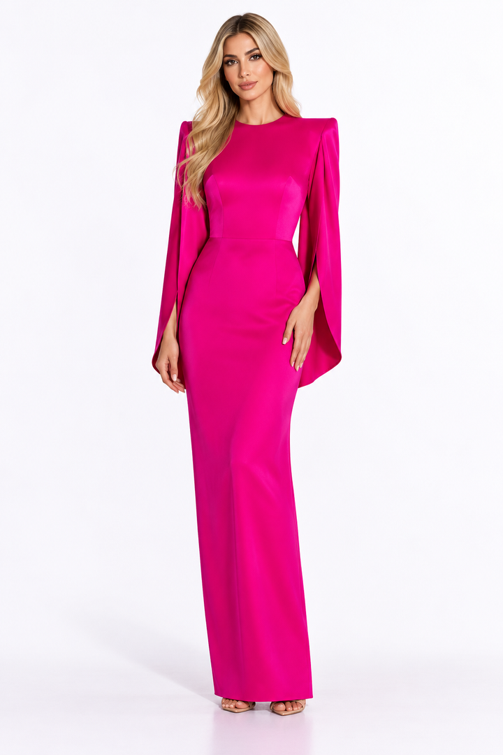 Cape-sleeve fitted floor-length gown with structured shoulders – Celestia