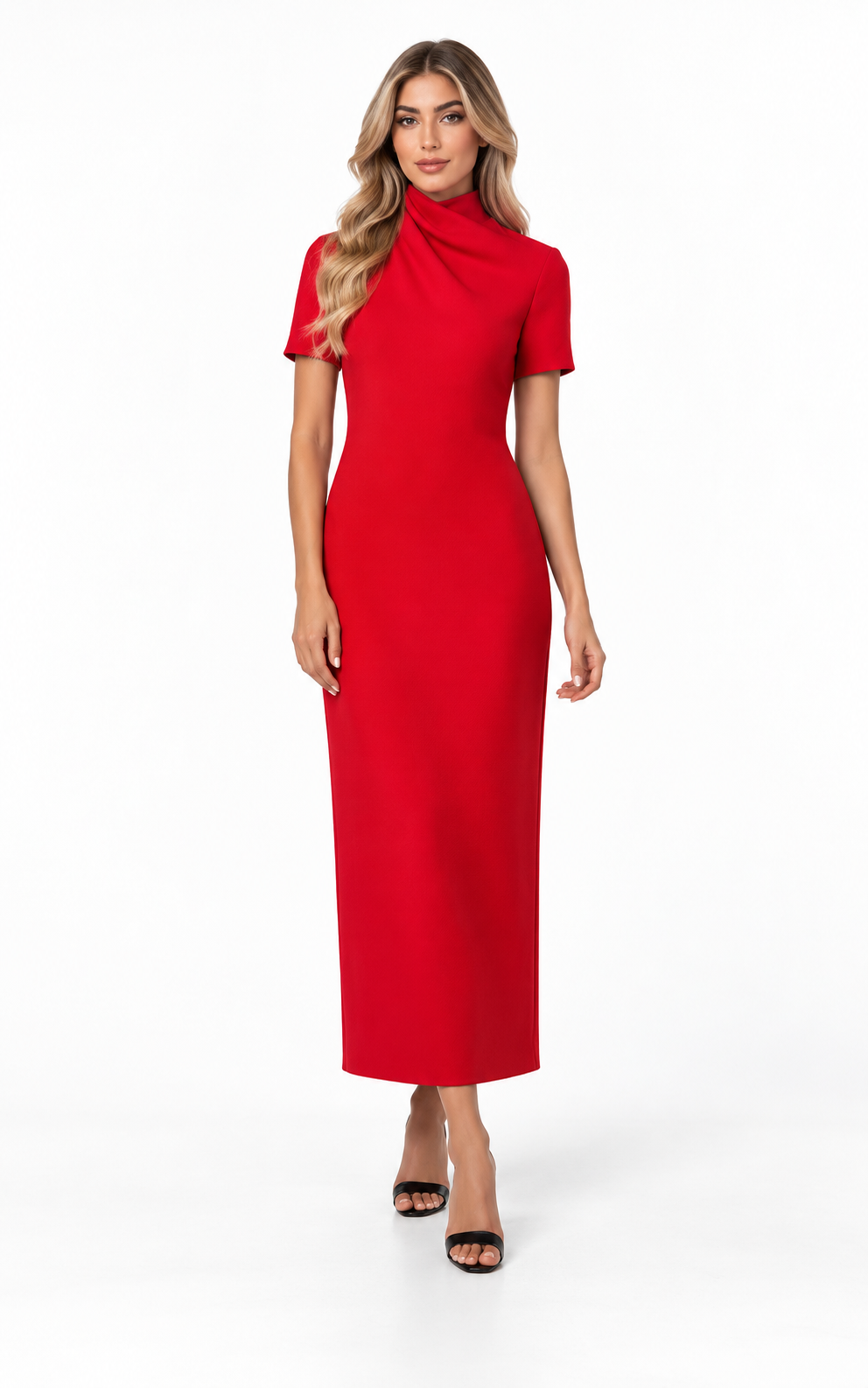 Draped high-neck midi dress with short sleeves – Elara