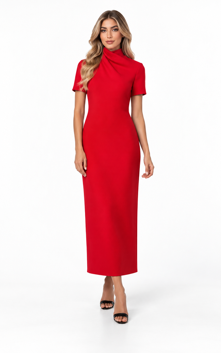 Draped high-neck midi dress with short sleeves – Elara