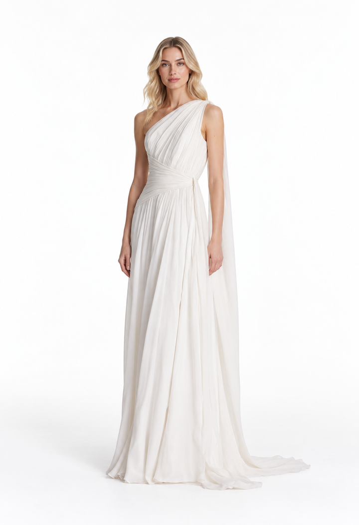 One-shoulder draped floor-length gown with ruched waist – Aurelia