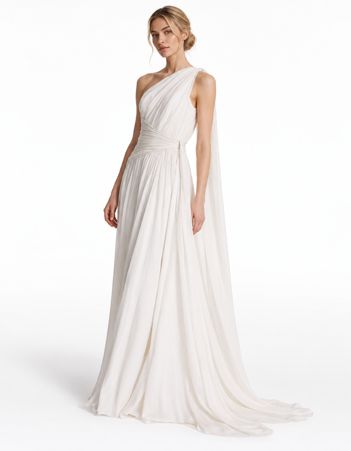 One-shoulder draped floor-length gown with ruched waist – Aurelia