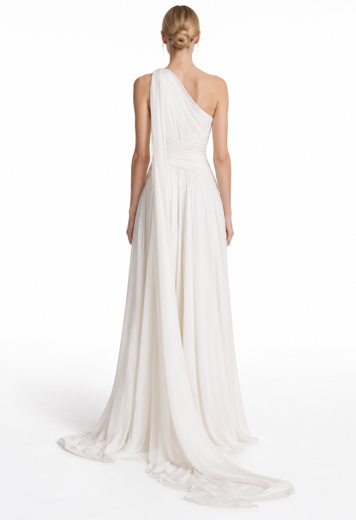 One-shoulder draped floor-length gown with ruched waist – Aurelia