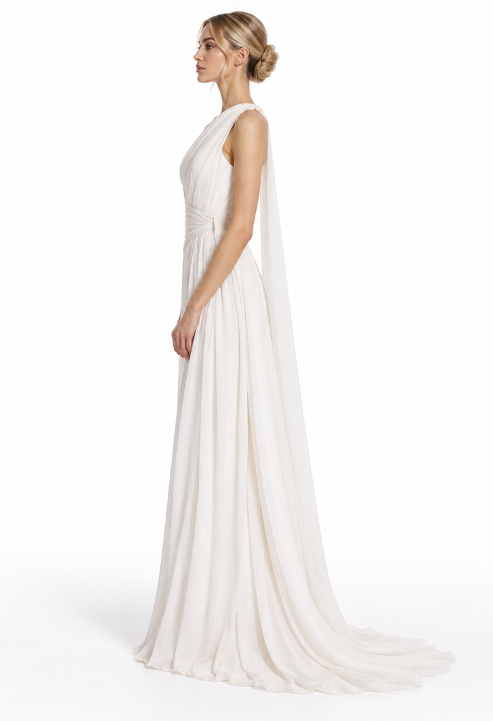 One-shoulder draped floor-length gown with ruched waist – Aurelia