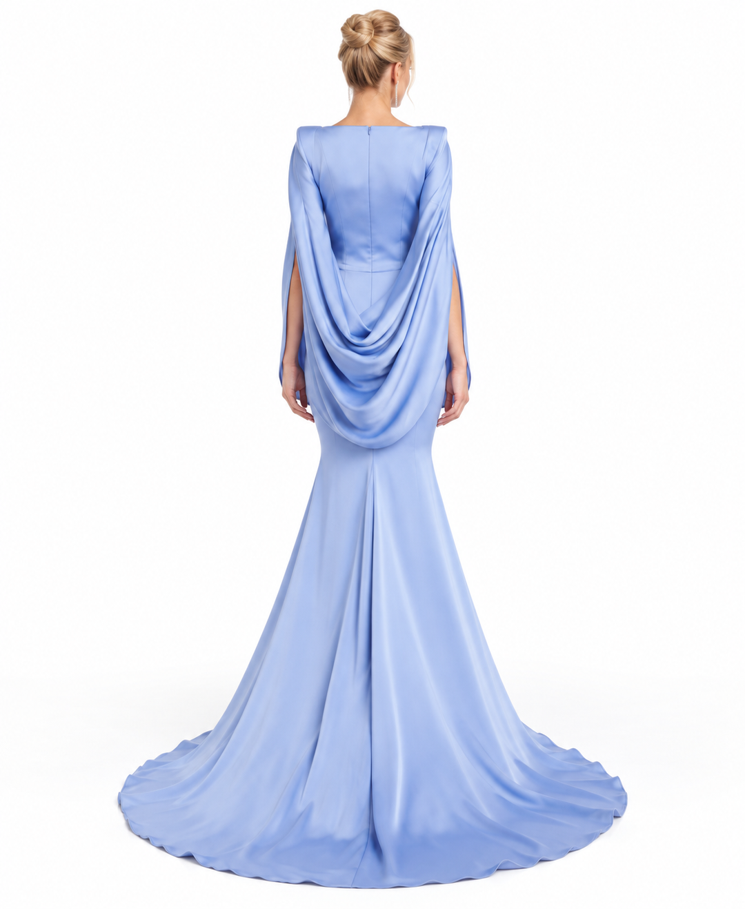 Square-neck cape-sleeve floor-length gown with train – Elowen