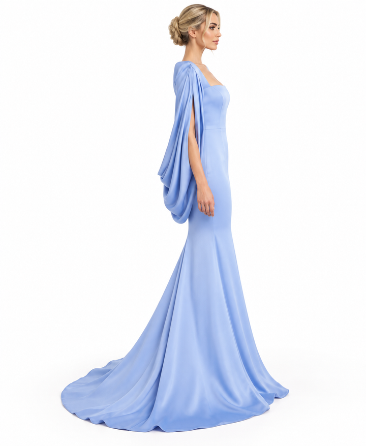 Square-neck cape-sleeve floor-length gown with train – Elowen