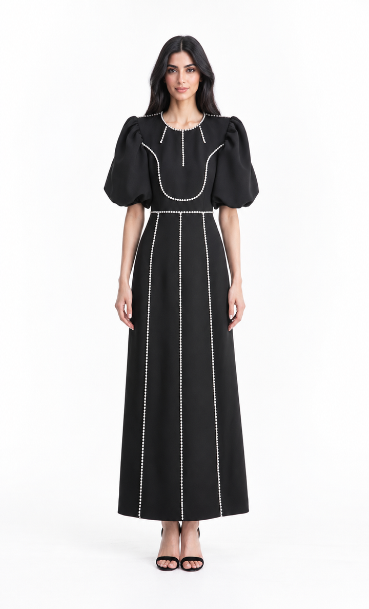 Puff-sleeve midi dress with pearl trim detailing – Camellia