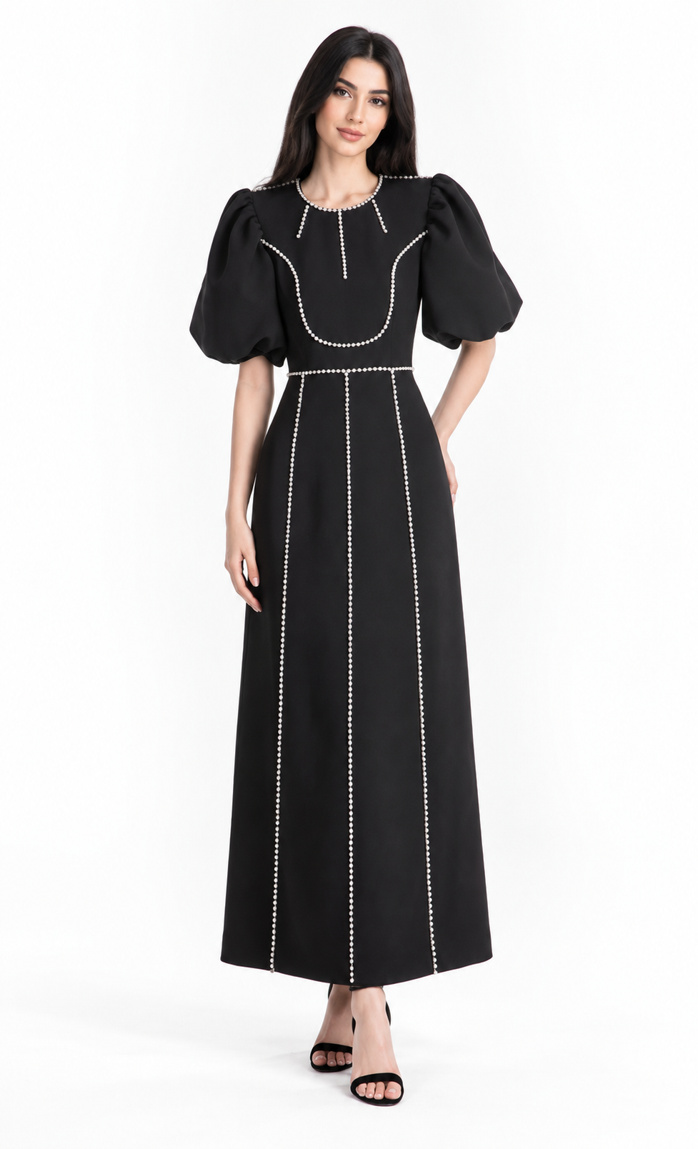 Puff-sleeve midi dress with pearl trim detailing – Camellia