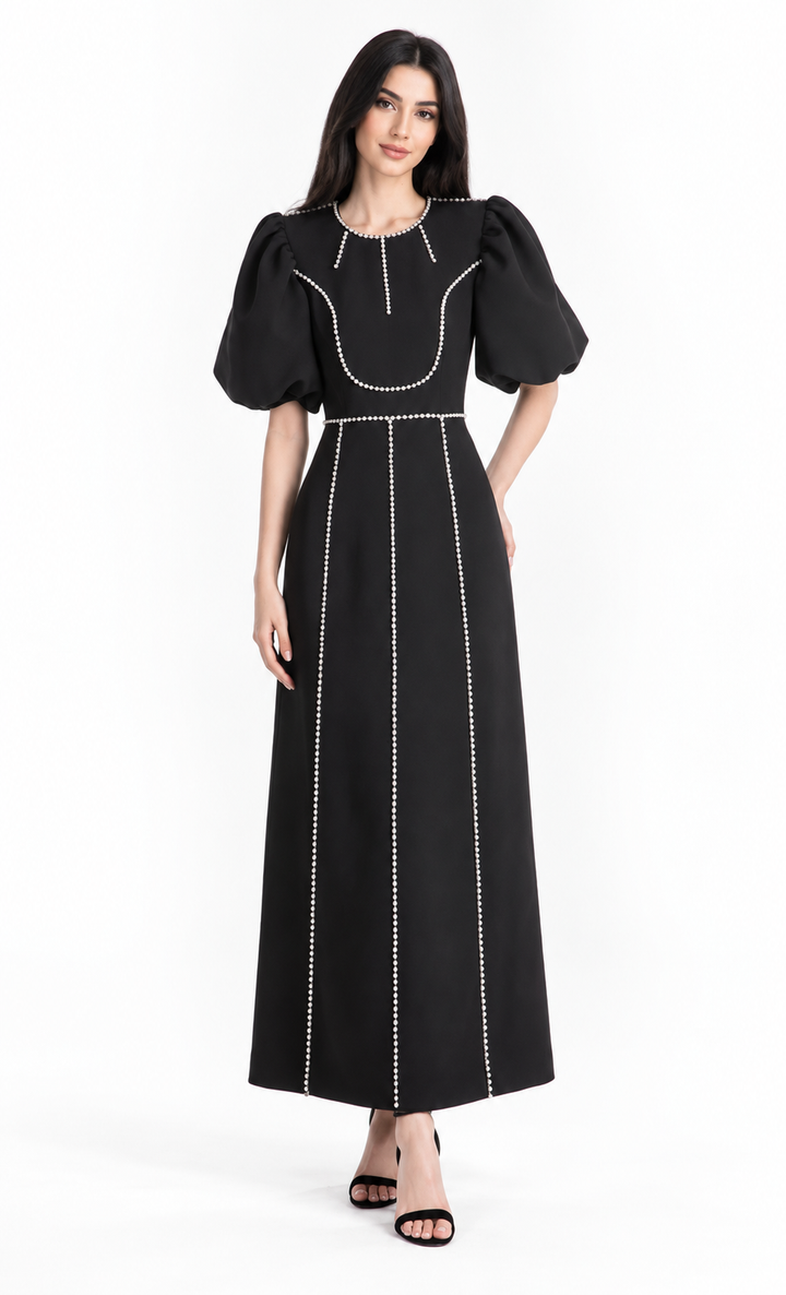 Puff-sleeve midi dress with pearl trim detailing – Camellia
