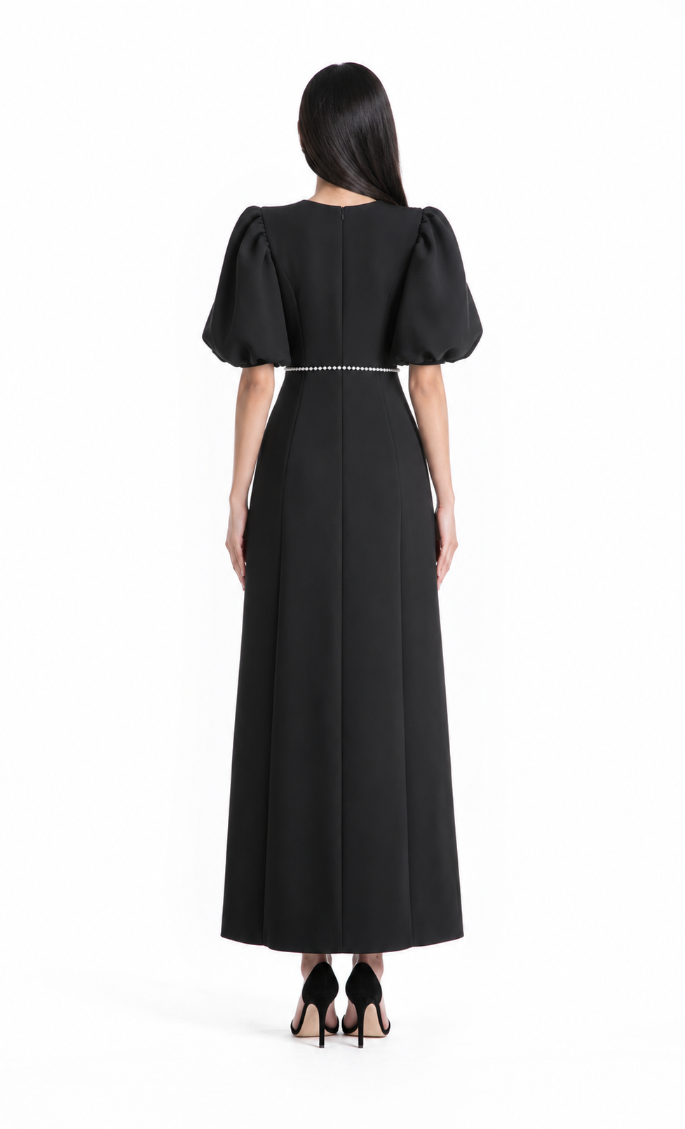 Puff-sleeve midi dress with pearl trim detailing – Camellia