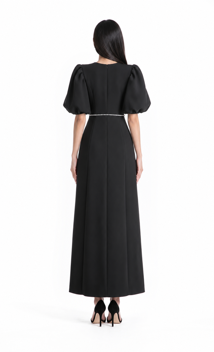 Puff-sleeve midi dress with pearl trim detailing – Camellia
