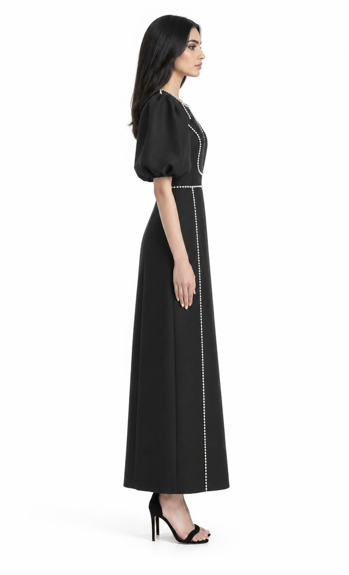 Puff-sleeve midi dress with pearl trim detailing – Camellia