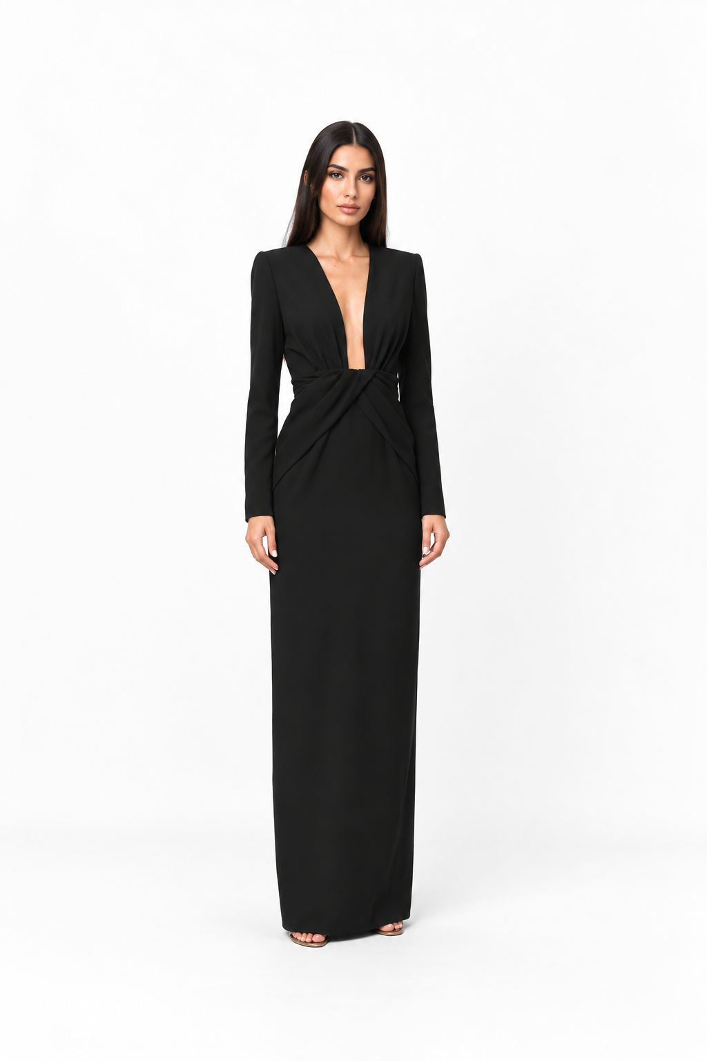Deep V-neck draped floor-length gown with long sleeves – Natalia