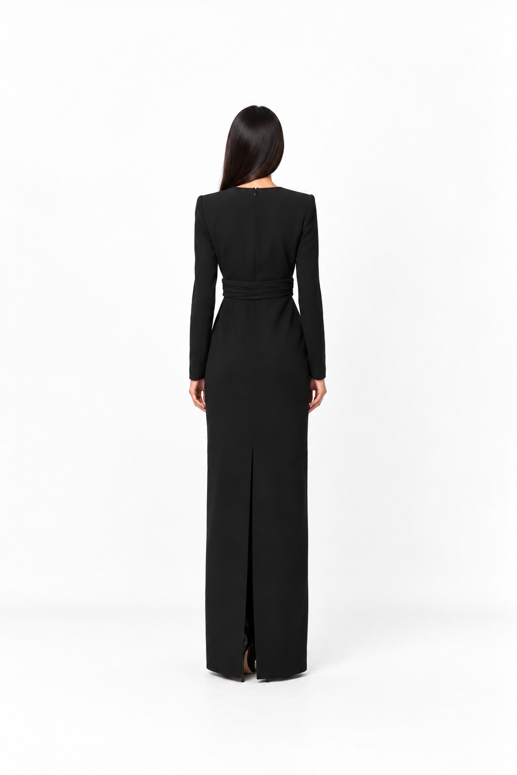 Deep V-neck draped floor-length gown with long sleeves – Natalia