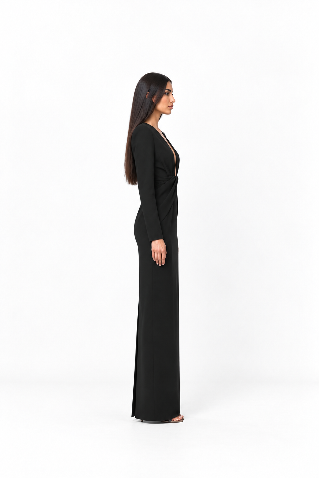 Deep V-neck draped floor-length gown with long sleeves – Natalia