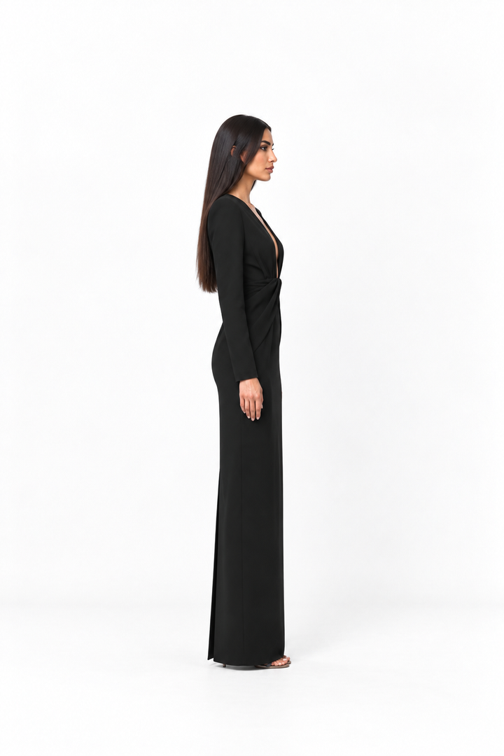 Deep V-neck draped floor-length gown with long sleeves – Natalia