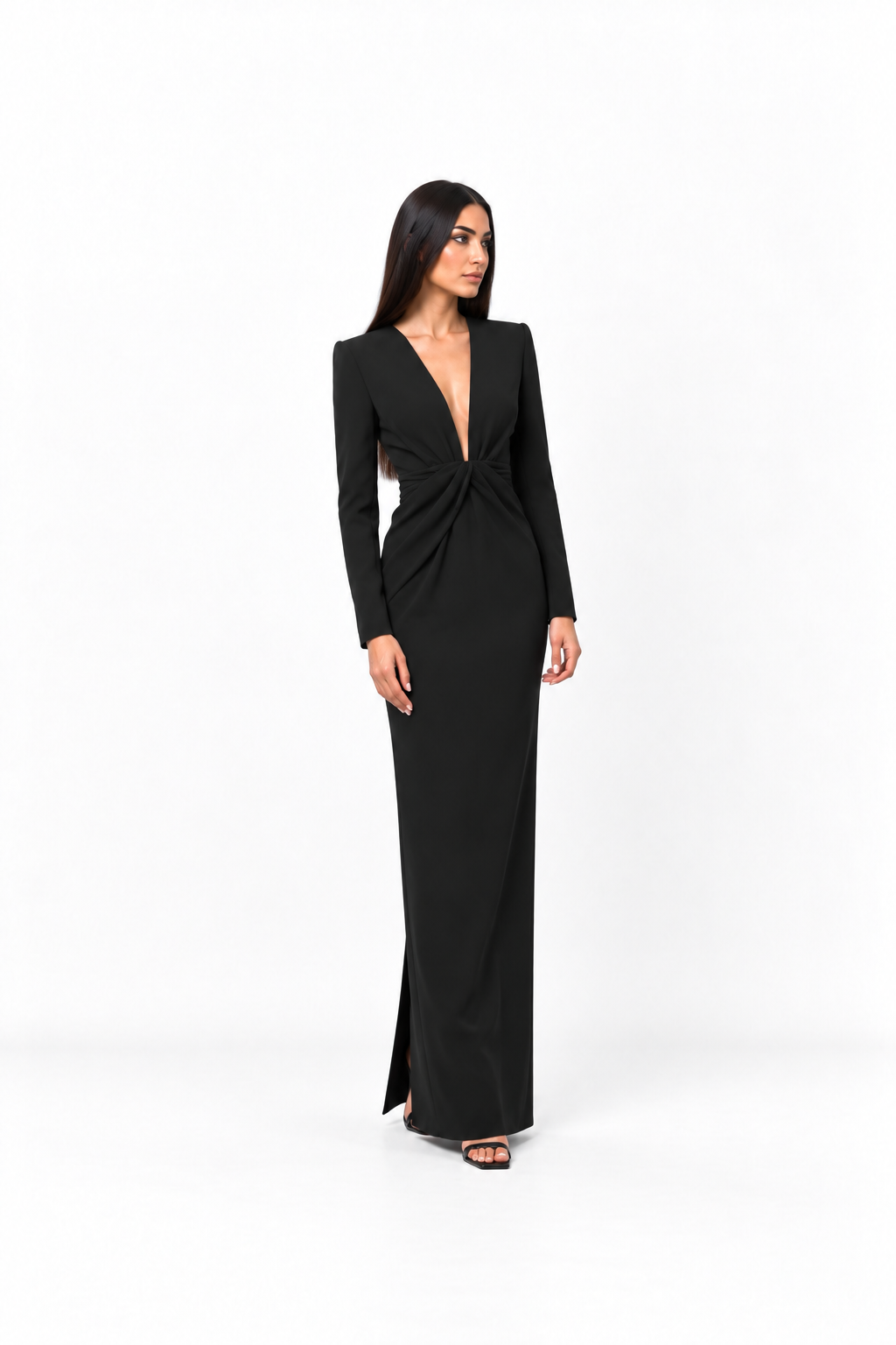 Deep V-neck draped floor-length gown with long sleeves – Natalia