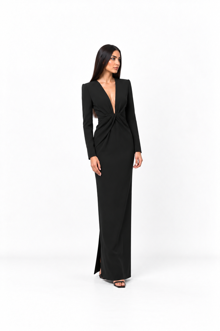 Deep V-neck draped floor-length gown with long sleeves – Natalia